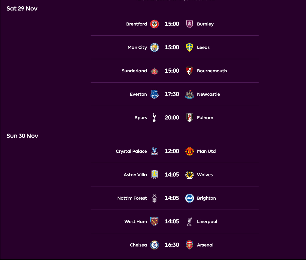 FPL GW13 Fixtures