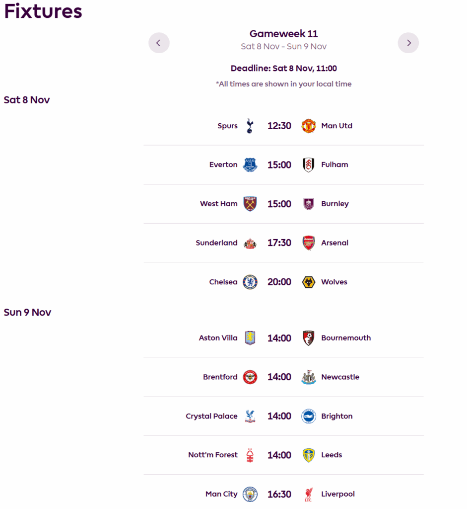 FPL GW11 Fixtures